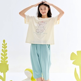 卡通可爱小熊可外穿家居服 安之伴薄款 纯棉睡衣女夏季 短袖 五分裤