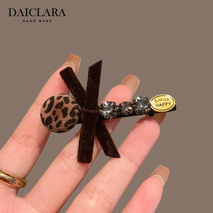 韩版复古豹纹圆珠发夹咖色丝绒蝴蝶结侧边夹精致镶钻鸭嘴夹一字夹