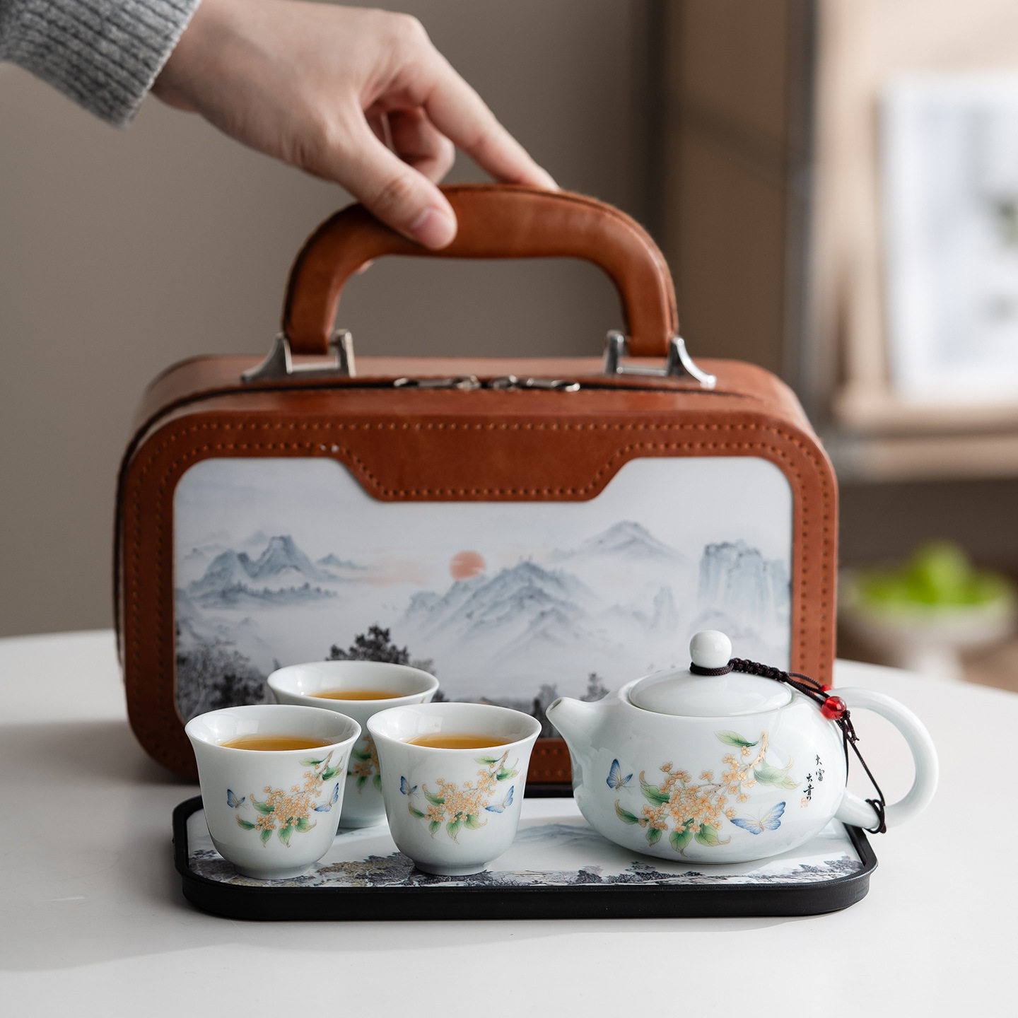青瓷桂花山水便携旅行茶具套装茶盘户外露营茶具中式山水皮包礼盒