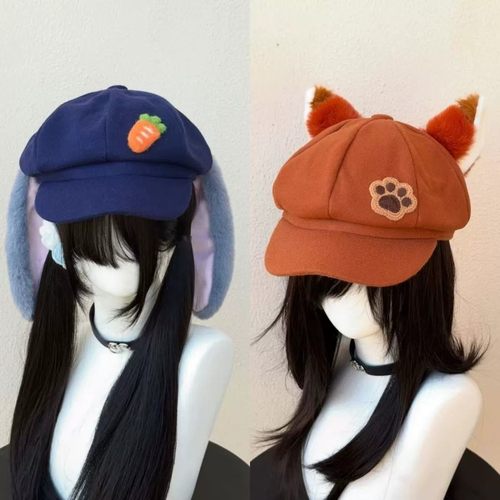 朱迪兔cosplay垂耳兔小众毛绒耳朵八角帽子甜美个性百搭显贝雷帽
