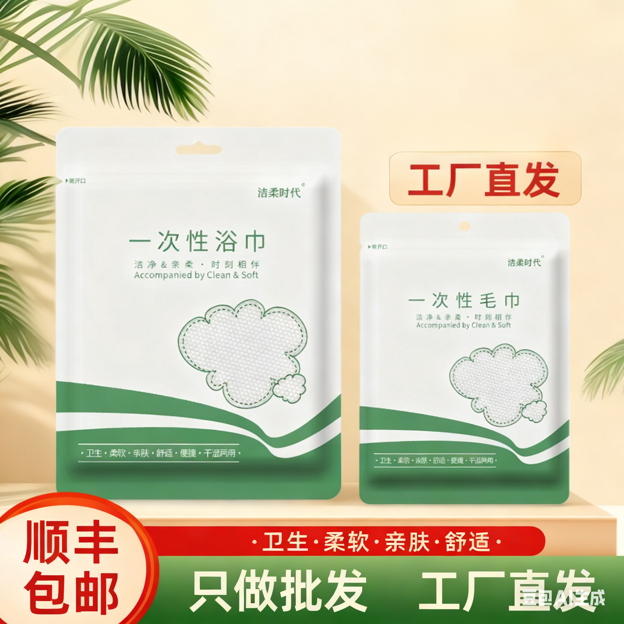 洁柔时代批发一次性浴巾毛巾高端民宿酒店加厚抽真空压缩工厂直销