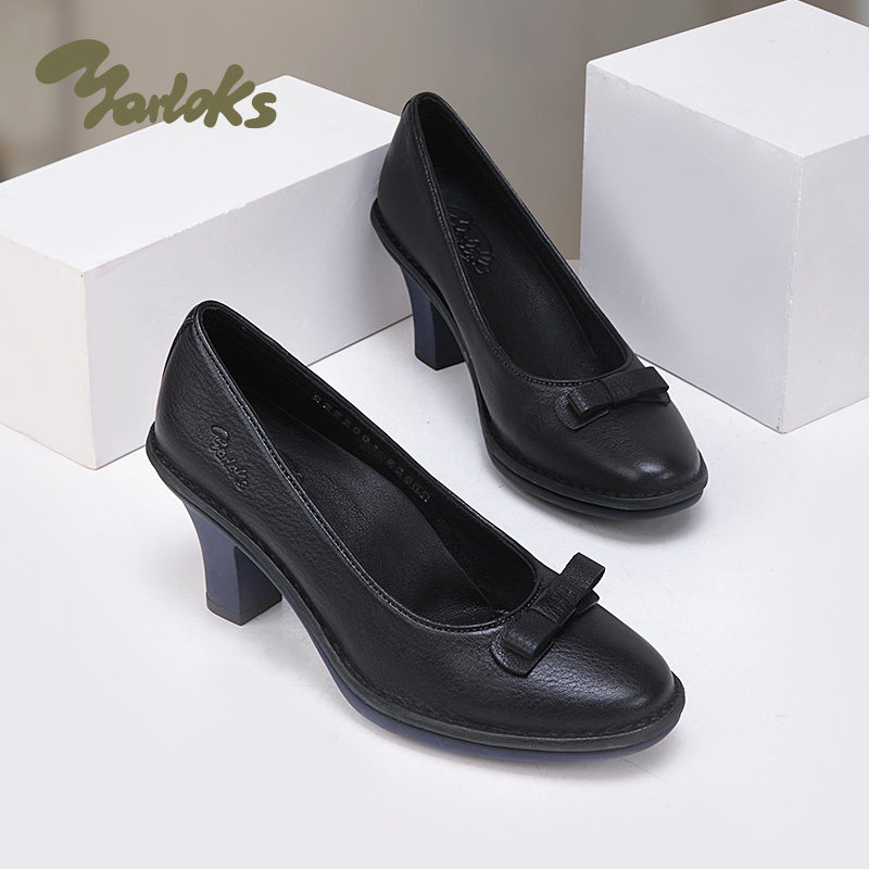 yarloks/雅乐士经典粗高气质高跟鞋单鞋黑色牛皮通勤女鞋 2222001