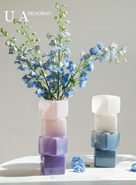 渐变中古风蓝色几何方块花瓶餐桌软装酒店电视柜台面装饰玻璃摆件
