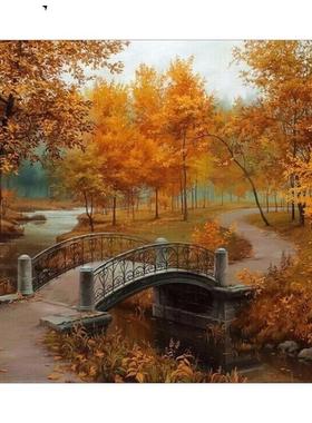 MF206直销diy手绘数字油画风景画 枫叶小桥 大幅客厅卧室装饰