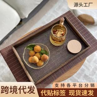 复古茶盘实木质托盘ins风海棠花轻奢长方形菱形盘子放茶杯玻定制