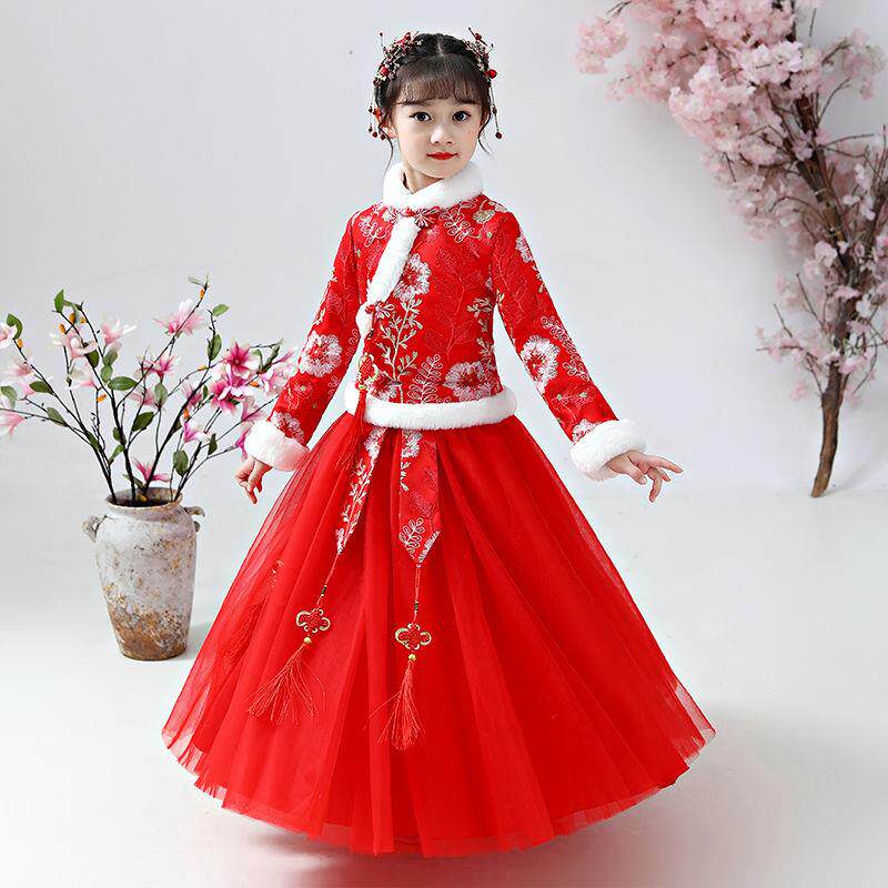 소녀의 HANFU 가을 겨울 벨벳 정장 어린이 고대 의상 요정 의상 중국 스타일 공주 스커트 당나라 정장 새해 이브 의상