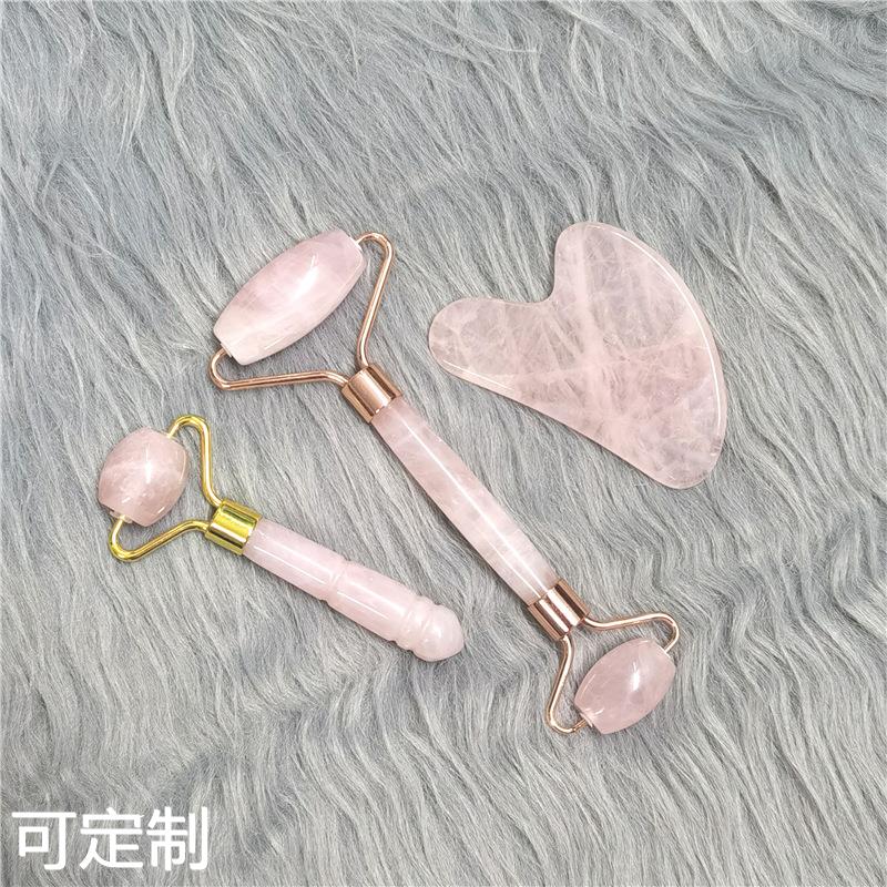 厂家粉晶滚轮刮痧单滚轮三件套粉晶双头滚轮按摩器套装
