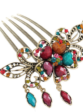 时尚复古花朵水钻步摇盘发发饰 发梳 大插梳 头花头饰五指梳子