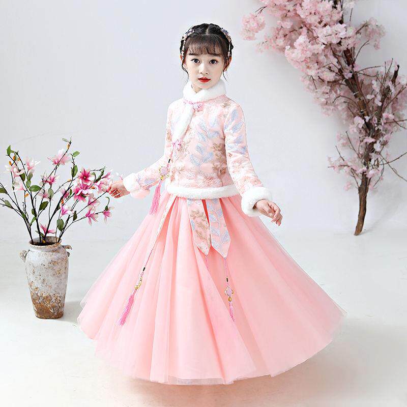 소녀의 HANFU 가을 겨울 벨벳 정장 어린이 고대 의상 요정 의상 중국 스타일 공주 스커트 당나라 정장 새해 이브 의상