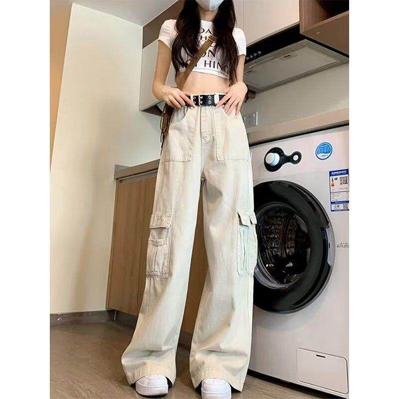 多巴胺穿搭美式工装裤女2025秋冬新款宽松直筒小个子白色阔腿裤子