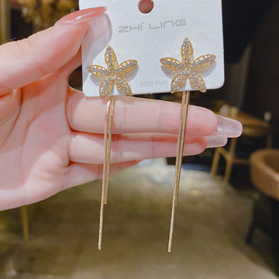 s925银针韩国新款五叶花流苏长款耳环气质网红显脸瘦耳钉女