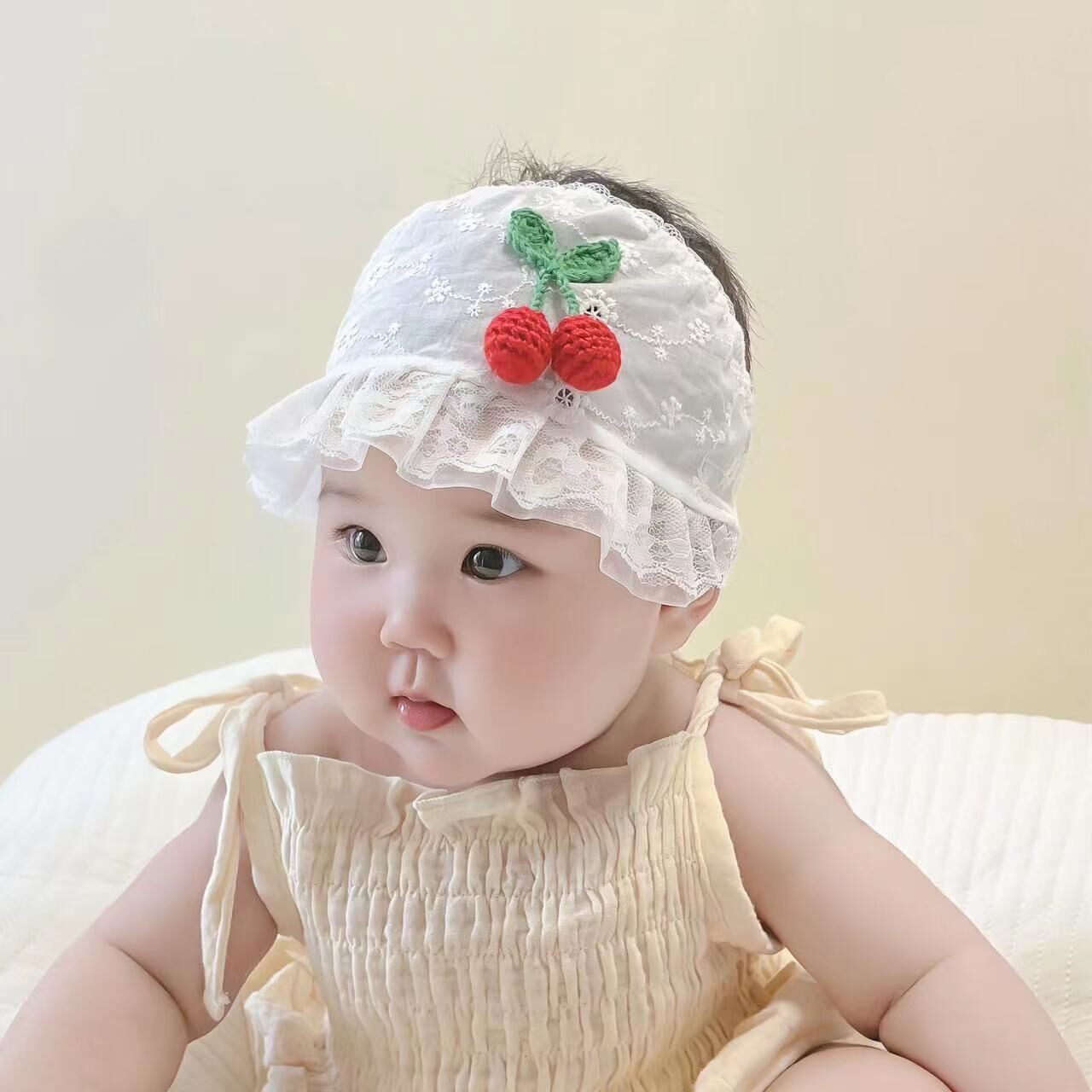 夏季婴儿蕾丝帽棉透气女宝宝囟门帽卤门帽胎帽洋气公主风花边帽