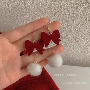 银针复古法式红色蝴蝶结植绒耳环毛球流苏长款吊坠轻奢小香风耳钉