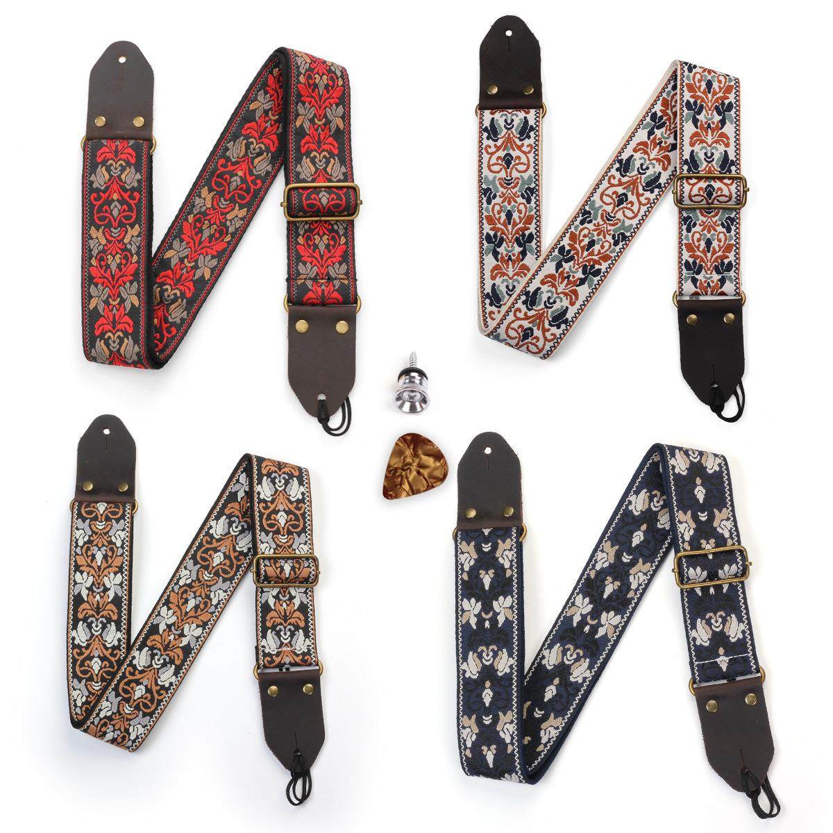 朗汀刺绣风格吉他Guitar背带贝司电吉他肩带斜跨琴带含尾钉Strap