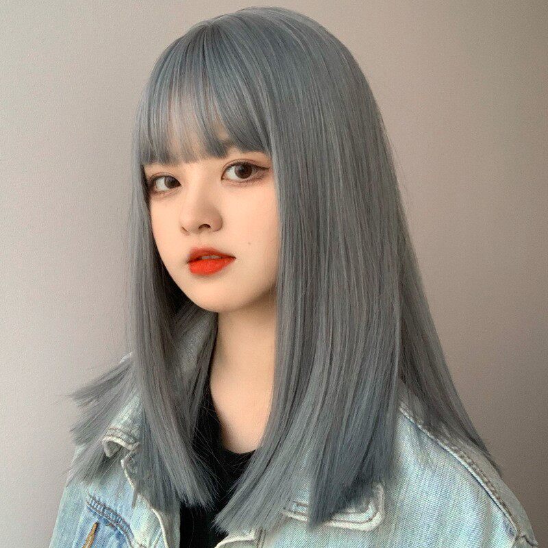 假发女短发锁骨发 帅气灰蓝色女团发色长直发头套假头发