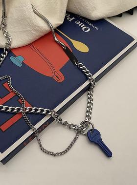 hiphop高街中性嘻哈蓝色钥匙吊坠项链ins冷淡风街头潮酷毛衣链男