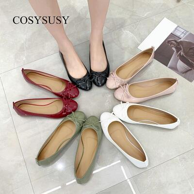 2027新款单鞋女圆头蝴蝶结软底漆皮平底豆豆女鞋flat women shoes