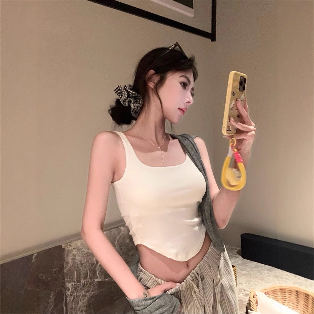 1061#红色美背吊带背心女带胸垫夏季不规则设计感辣妹外穿紧