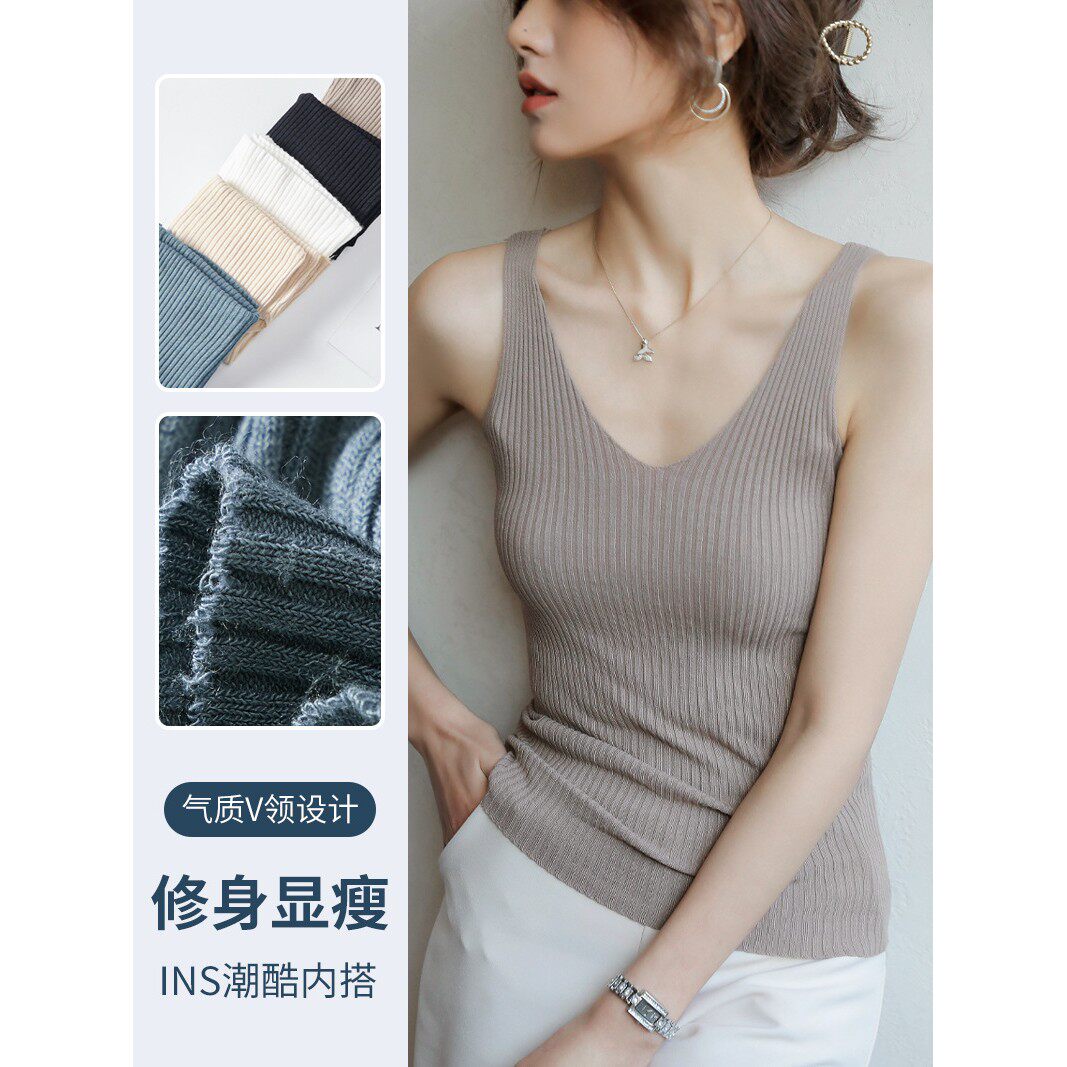 吊带小背心女针织v领外穿宽松设计夏季薄款黑色修身内搭无袖上衣