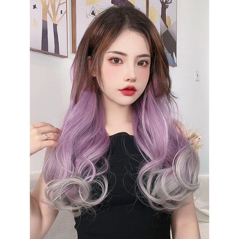 假发女自然渐变假发片女挑染一片式长发无痕彩色挂耳染紫灰色发饰