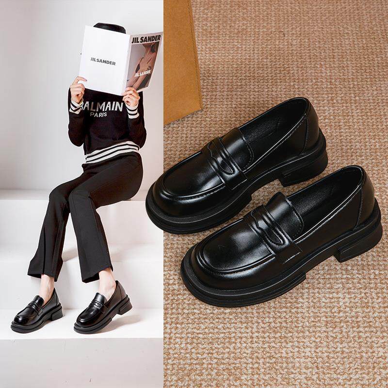 乐福鞋女英伦风黑色平底小皮鞋春秋软皮豆豆单鞋夏季小黑职业工作