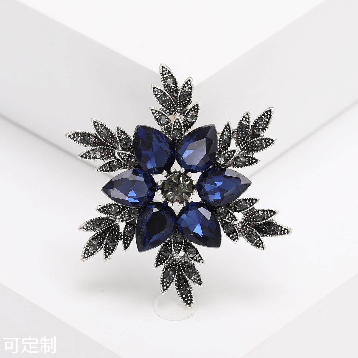 新品韩版水钻别针 创意墨蓝小水晶雪花胸针 时尚气质西服领针配饰
