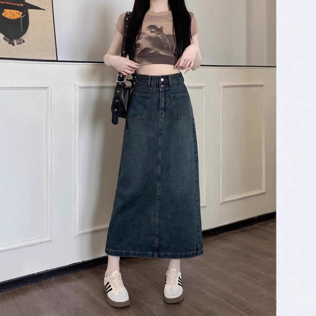 复古开叉牛仔半身裙女春款大码a字高腰遮胯梨型身材中长裙子