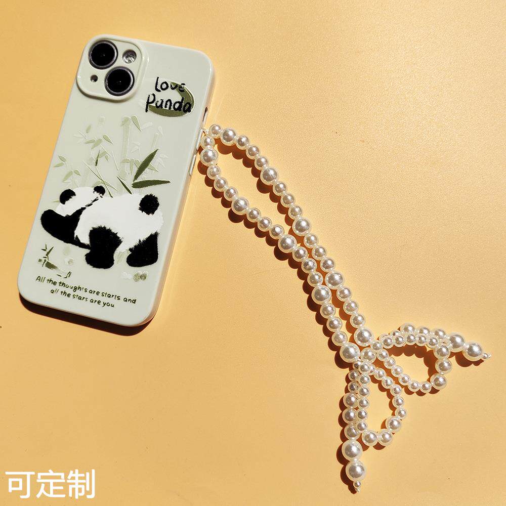 新款时尚塑料仿珍珠蝴蝶结手机挂绳手工白色领结手机链女挂饰