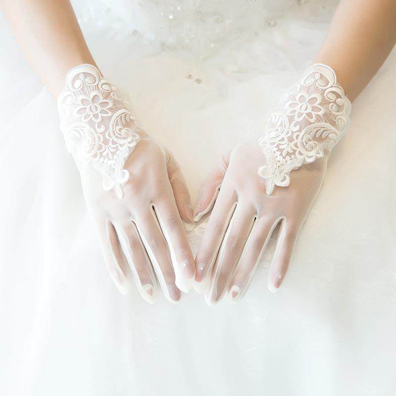 新款新娘婚纱手套防晒蕾丝手套花边镂空镶钻无指网纱短款手套