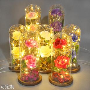 干花情人草花束 玻璃罩LED花灯情人节礼物现货 厂货2头仿真玫瑰