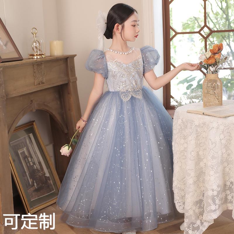 儿童礼服蓝色高端女童主持人生日公主裙钢琴演奏演出服小女孩花童