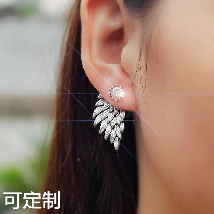 E277 欧美 复古立体天使翅膀耳钉耳环 羽毛镶钻合金穿刺耳钉