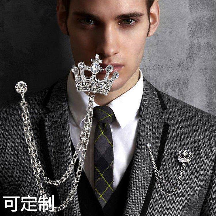 男士皇冠胸针 英伦风西装链条别针徽章复古女胸花厂家直供