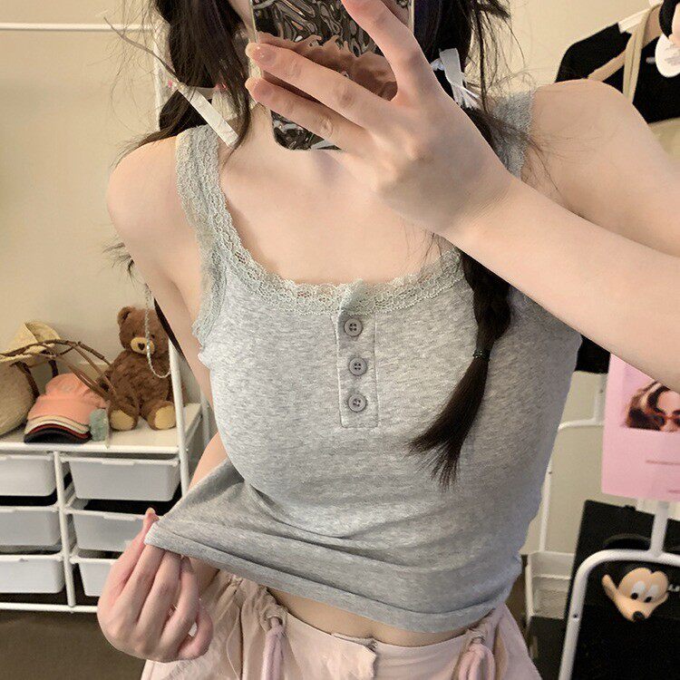辣妹欲风蕾丝美背吊带背心女带胸垫外穿内搭修身短款打底上衣女