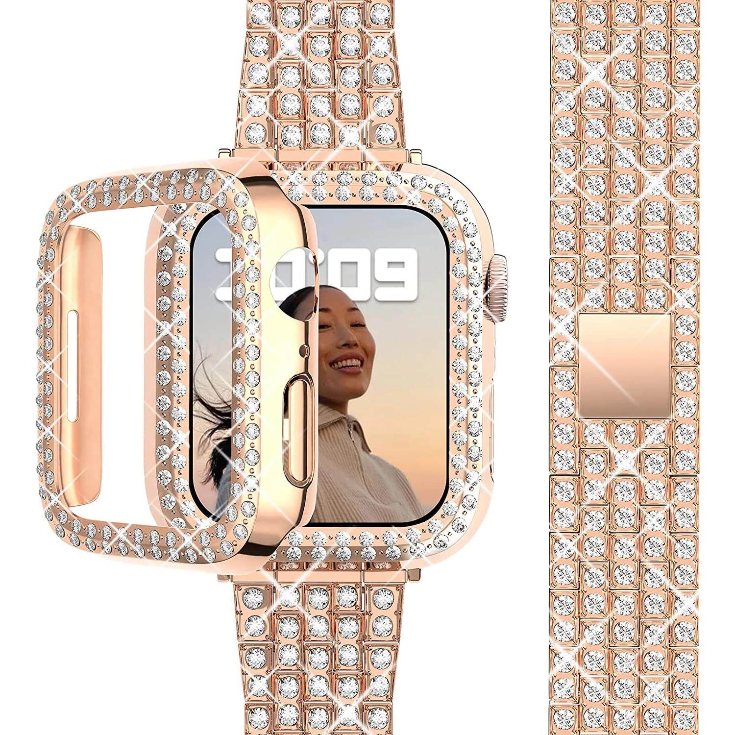 适用于 watch 12345678代金属镶钻表带五珠带钻满钻表带