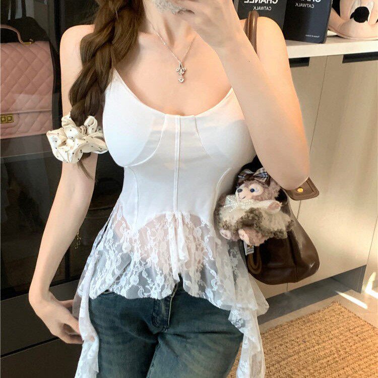 A107#欲甜美蕾丝吊带群美背上衣叠穿神器白色带胸垫小内搭