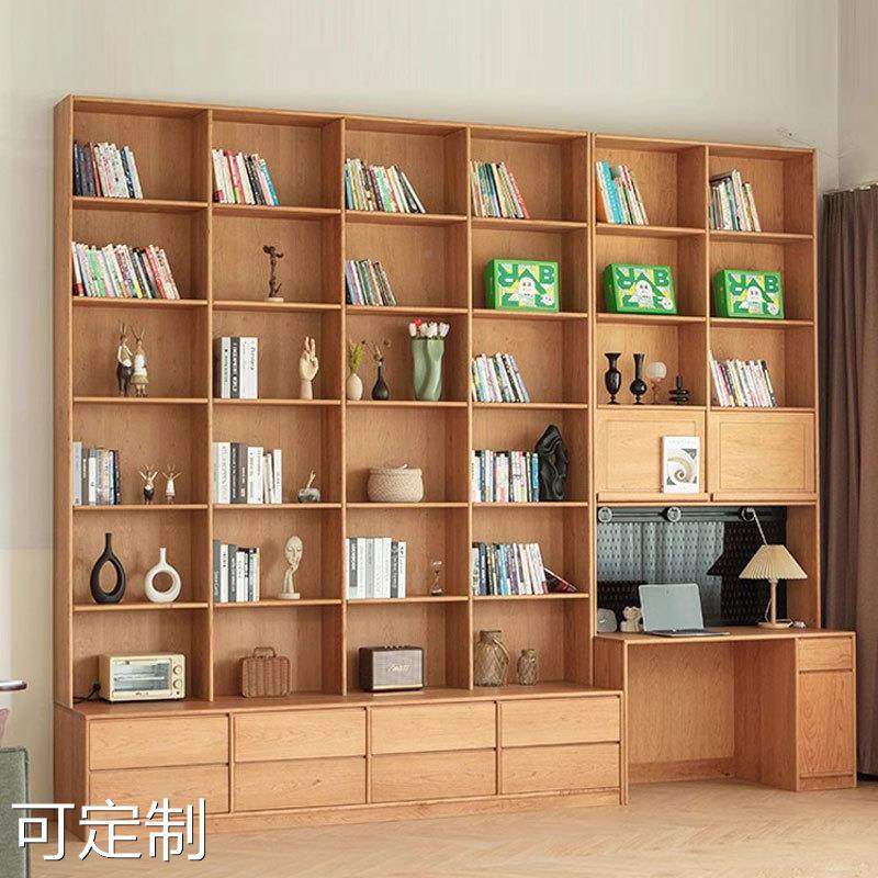 北欧实木樱桃木书架满墙原木去客厅化图书馆橡木一体整墙书柜定制_虎窝淘