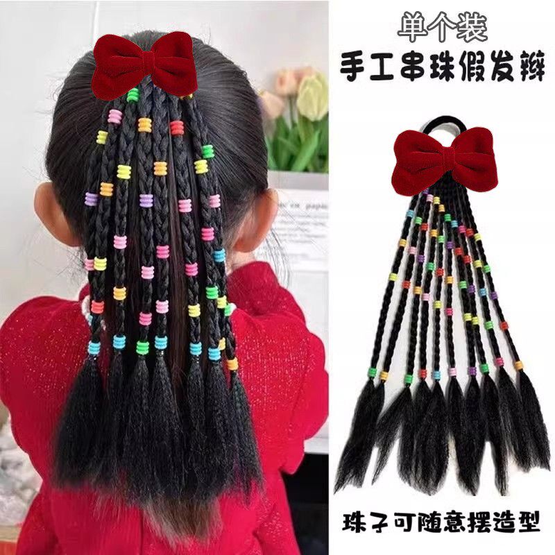 女童手工串珠假发辫发绳甜酷彩珠脏辫小辫子发圈拳击辫高马尾发饰