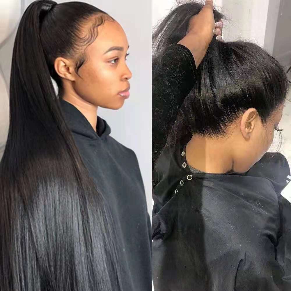 新款 欧美女士手织前蕾丝化纤头套 黑色中分长直发