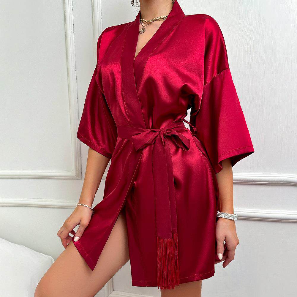 仿真丝中袖女士睡袍 夏季短款开衫系带浴袍 时尚薄款睡衣
