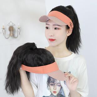 夏季橙色水波纹运动假发网红女夏天帽子一体假发厂家现货外贸