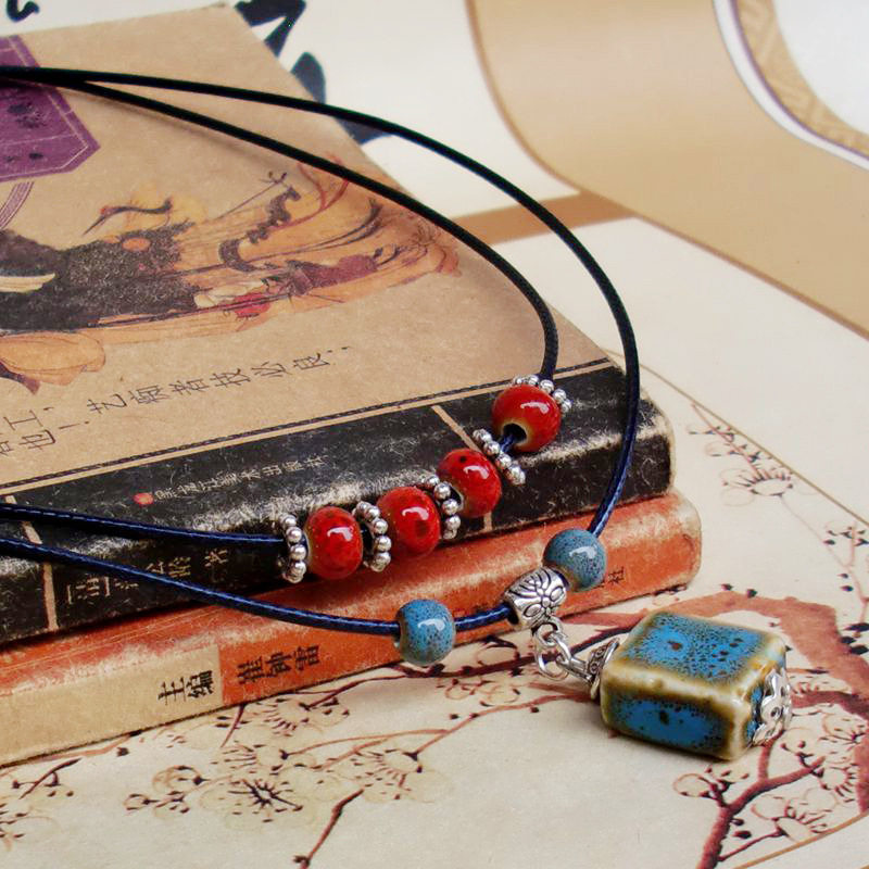 景德镇民族风地摊饰品 女陶瓷立方体项链 时尚编织休闲长款毛衣链