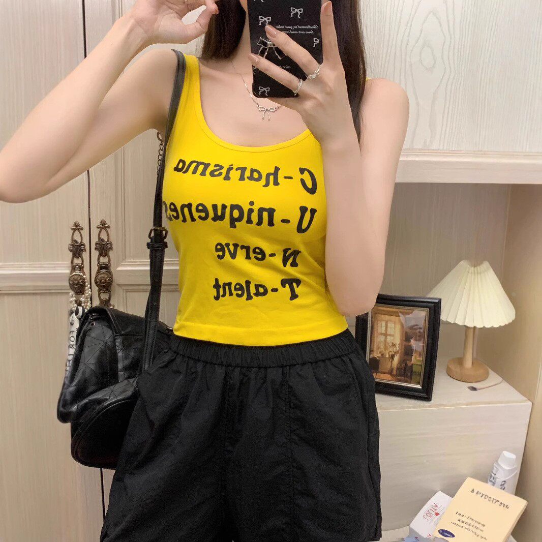 2119#辣妹欲撞色字母印花吊带美背背心带胸垫裹胸外穿打底短款