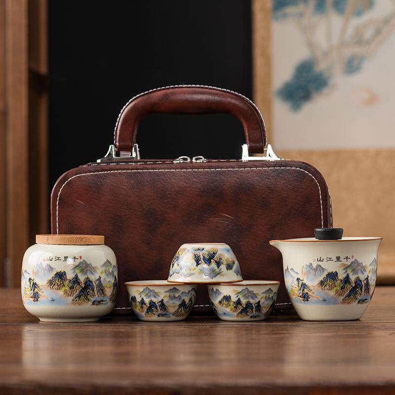 高档汝窑黄汝功夫旅行茶具套装轻奢复古便携泡茶防烫国潮商务礼品
