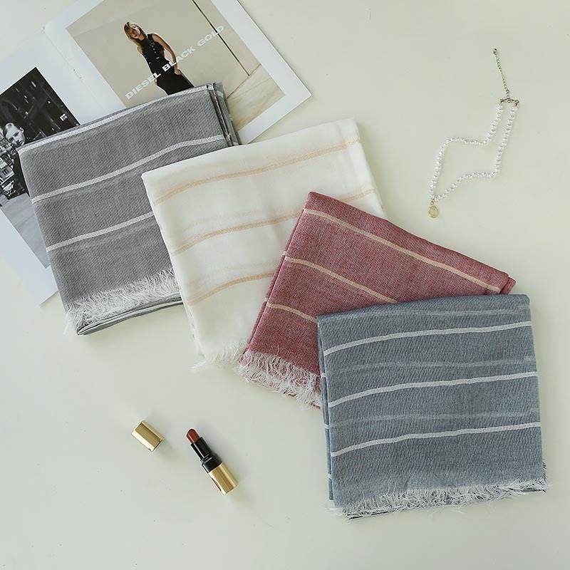 棉麻单色条纹围巾新款色织金银丝短须旅游防晒沙滩巾外贸披肩礼品