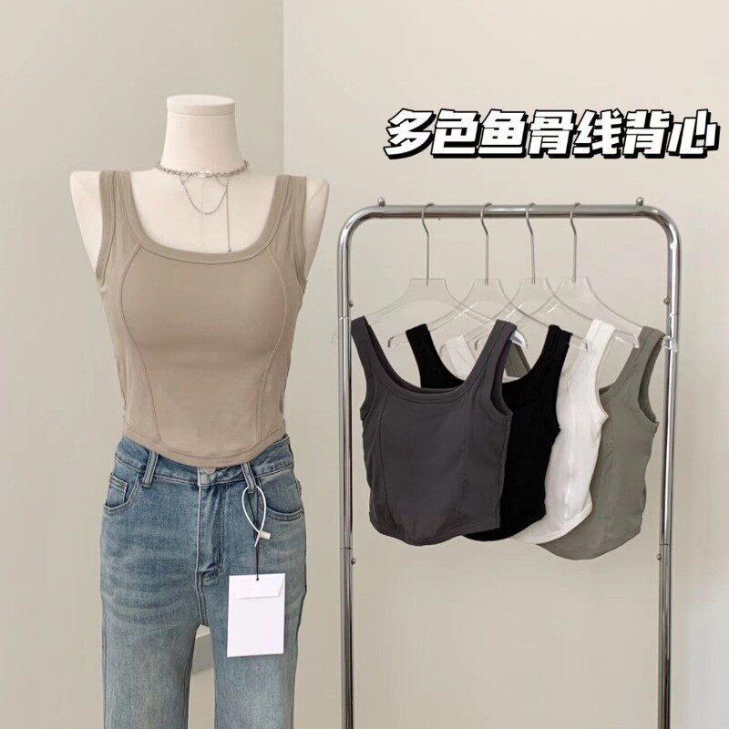 棉吊带背心女带胸垫一体式固定杯外穿内搭美背修身显打底上衣