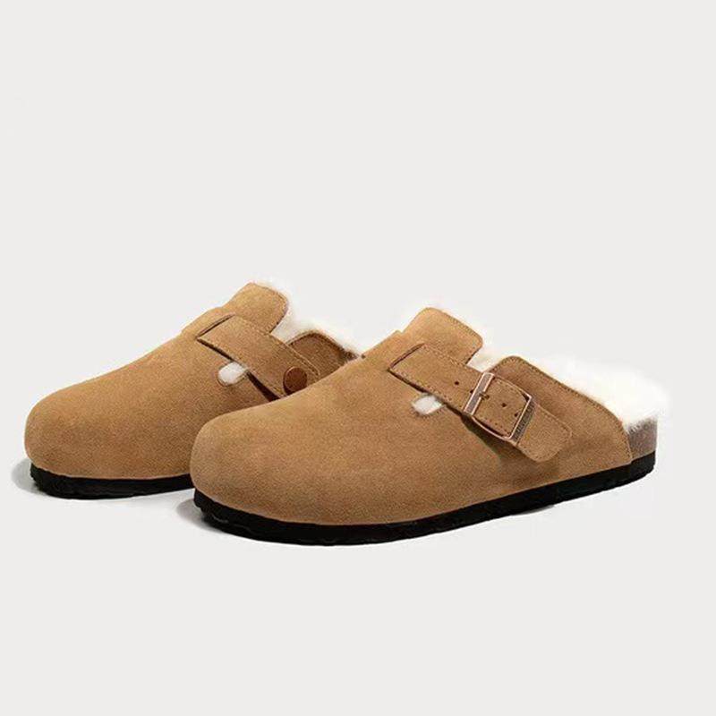 毛毛勃肯鞋女2025新款秋冬季大码一脚蹬懒人加绒平底保暖半拖