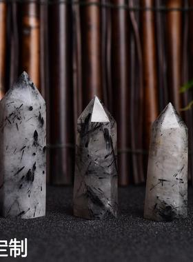 水晶柱热销厂家天然黑发晶柱 黑发晶六棱柱 发晶棱柱摆件