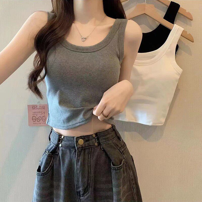 韩版风棉吊带背心带胸垫固定杯裹胸外穿内搭无袖短款上衣女