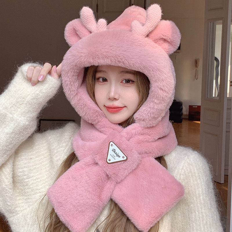 秋冬季网红帽子毛绒围巾可爱洋气